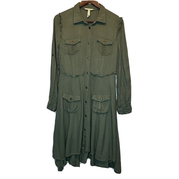 Matilda Jane Adult Dress Medium Mom Green Tree Canopy Utility Military Ruffles - Picture 1 of 10